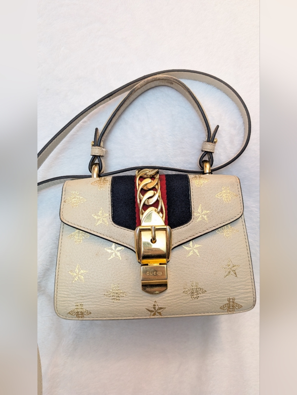 GUCCI Sylvie Sherry Line Bee Star 2Way Leather Handbag Shoulder Bag off White  - Picture 10 of 15
